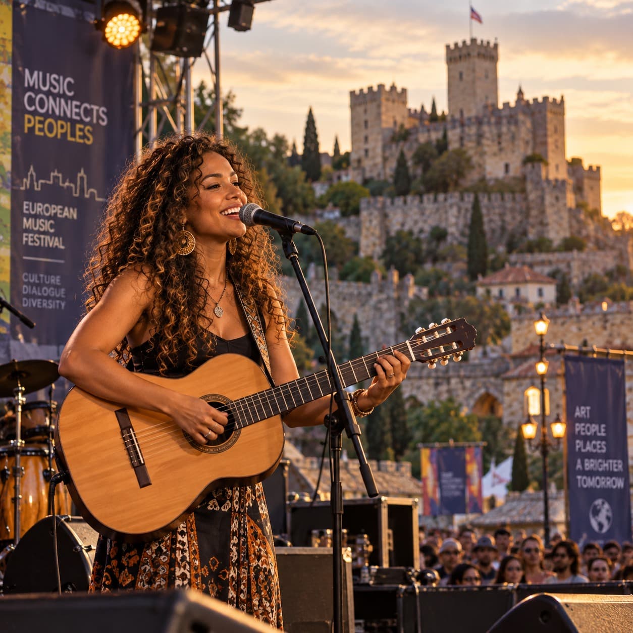 Cantora se apresenta em um festival ao ar livre diante de um castelo
