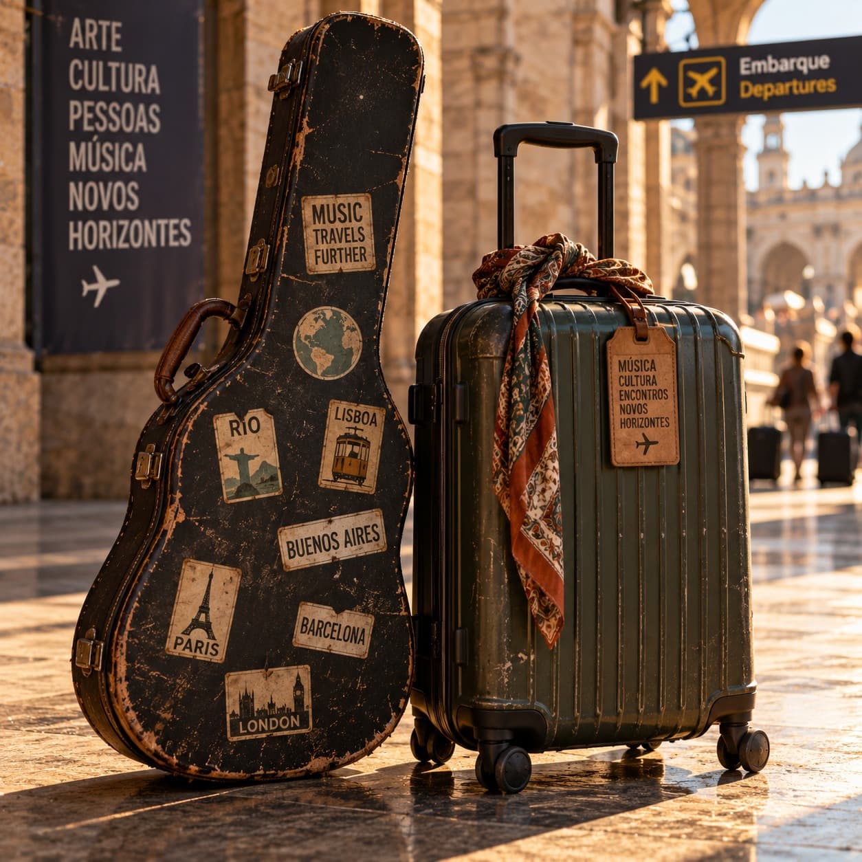Violão em case e mala de viagem em um terminal de aeroporto