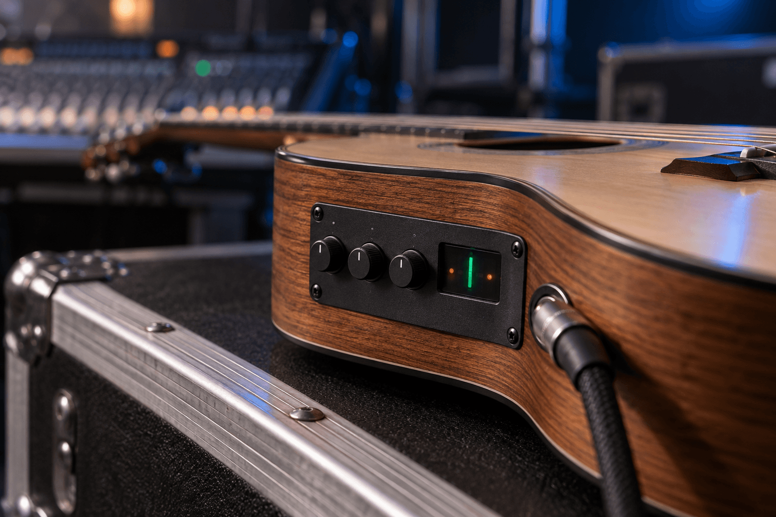 Detalhe do pré-amplificador de um violão eletroacústico flat conectado por cabo
